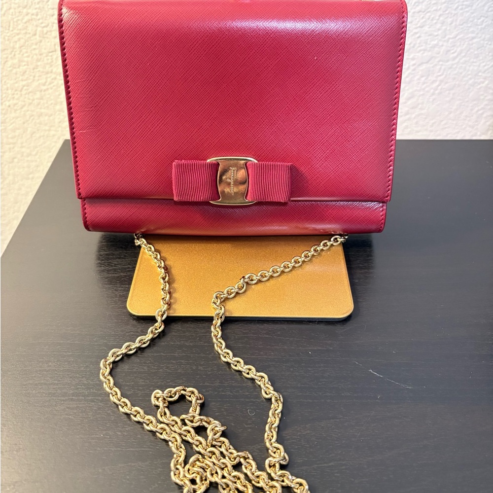 Salvatore Ferragamo Red Leather Clutch with Gold Chain